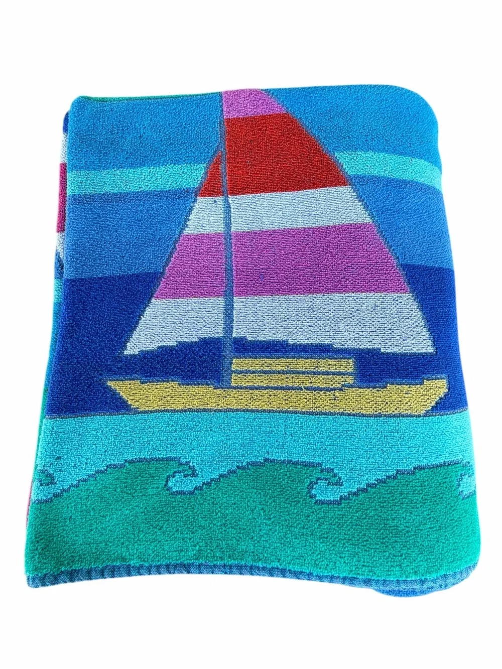 VTG TerriSol Retro Sailboat Oversized Beach Towel Blanket 100% Cotton 54” x 61”